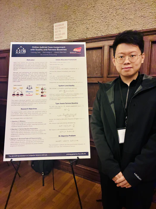 Yixiong Gao standing beside his research poster at CS&Law 2026
