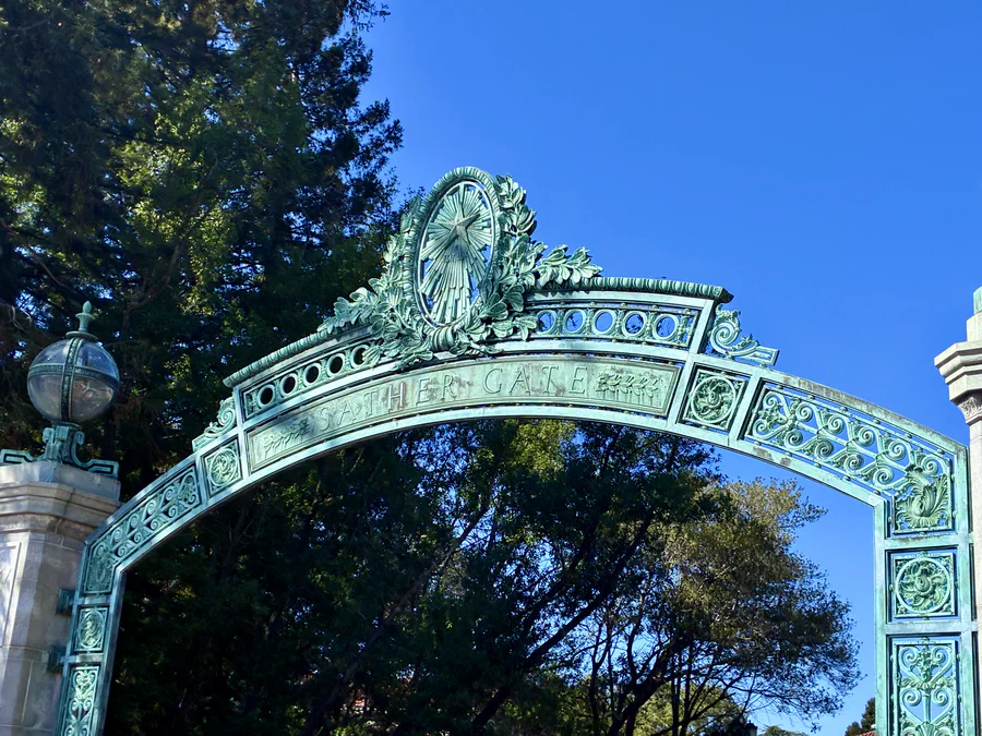 Sather Gate beneath a clear blue sky at UC Berkeley