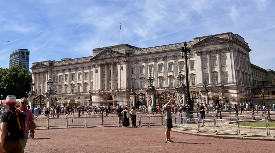 Buckingham Palace seen across the forecourt in London
