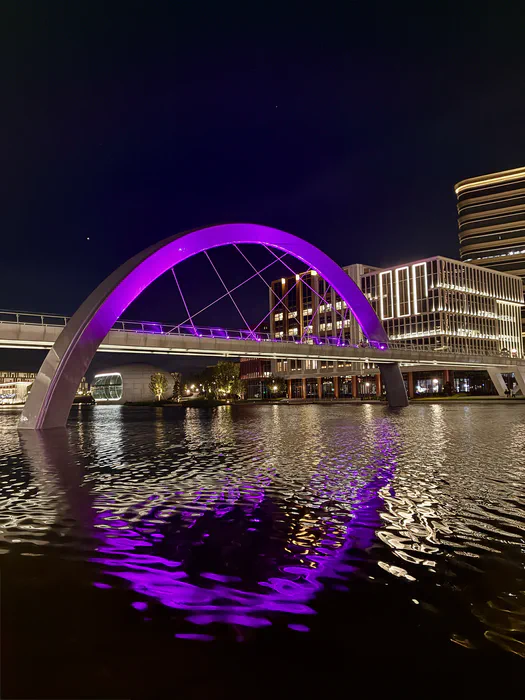 A purple-lit arched bridge reflected in Lianqiu Lake at night